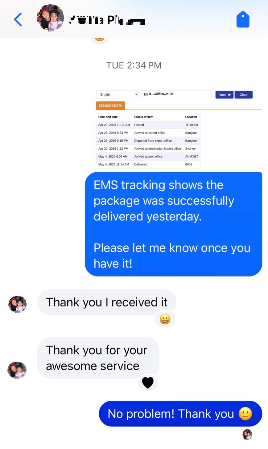 泰國代購商品透過 EMS 寄送至澳洲客戶手中,澳洲客人確認收到來自泰國的商品,好評推薦