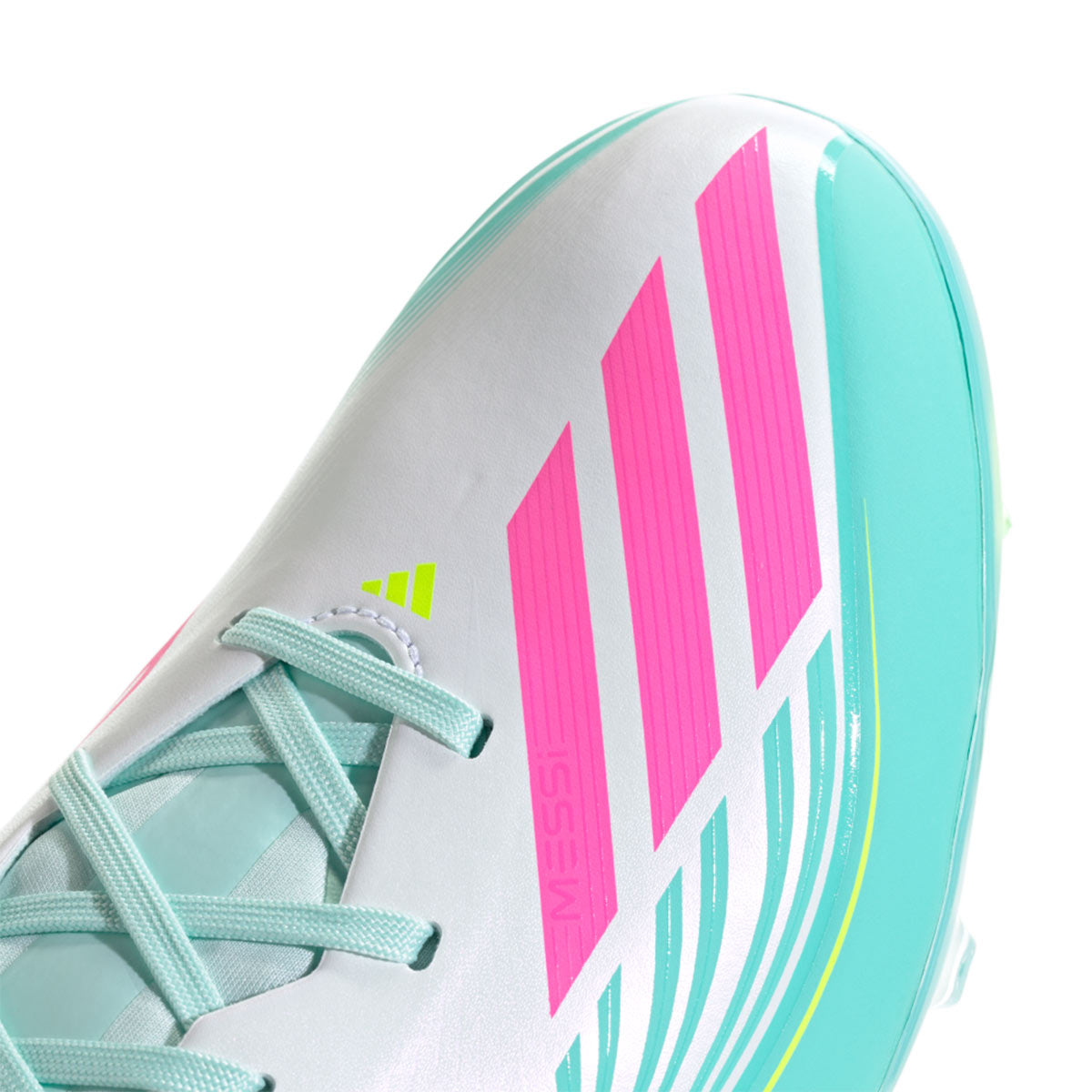 adidas F50 Messi League FG/MG 足球鞋(白/亮粉/閃水藍) 細節特寫