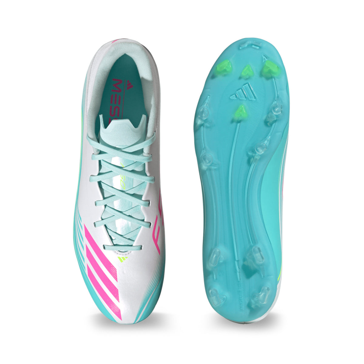 adidas F50 Messi League FG/MG 足球鞋(白/亮粉/閃水藍) 官方商品圖